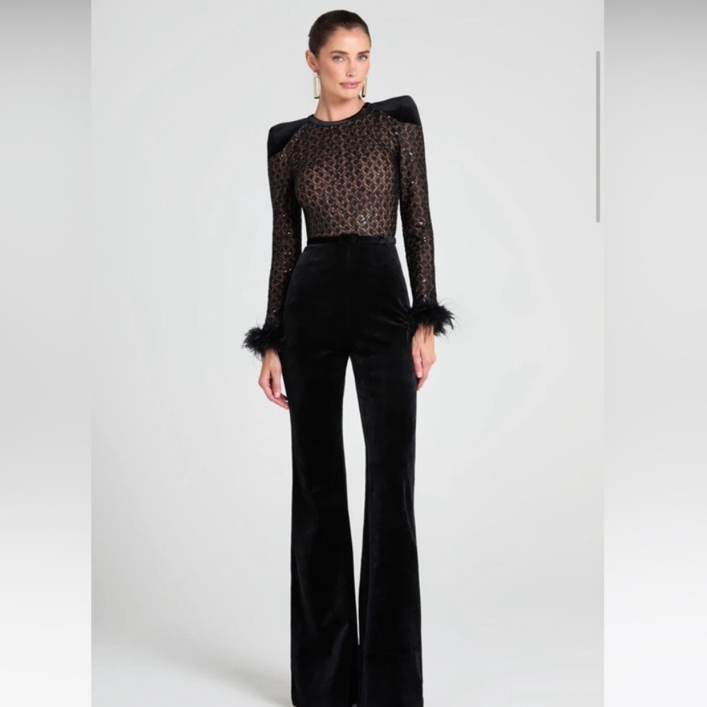 NADINE MERABI Black Sheer Bodysuit with Feather Cuffs